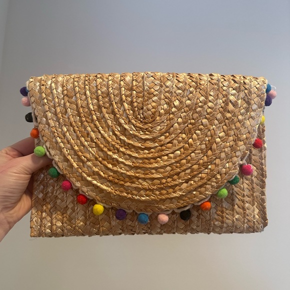 Francesca’s Rainbow Pom-pom Woven Rattan Clutch - Picture 2 of 9